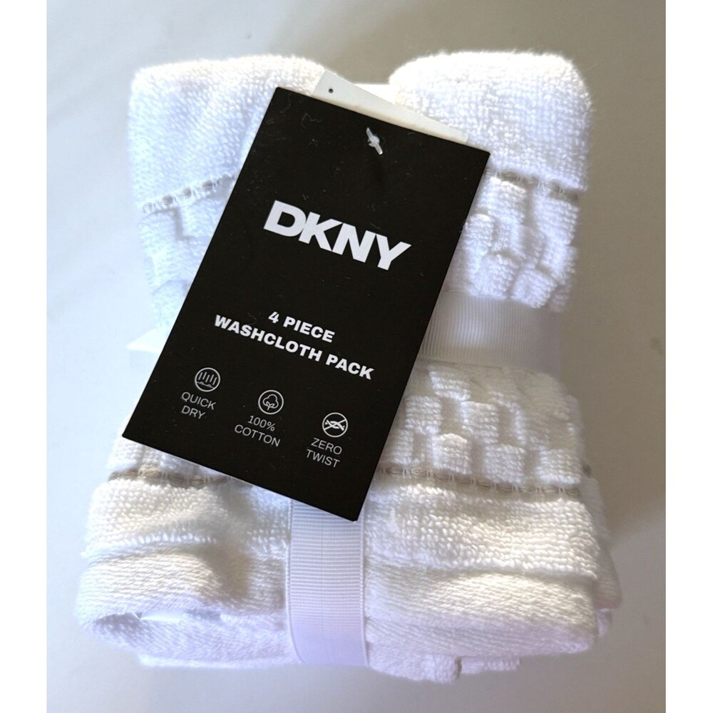 DKNY Facecloths Washcloths Set of 4 Textured White Squares Beige Stripe Cotton